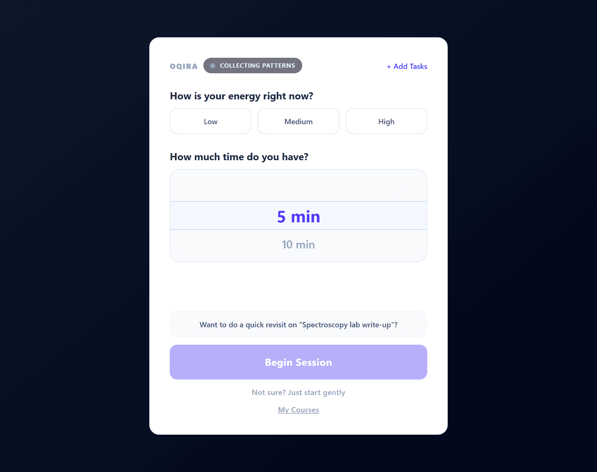 The Oqira home screen — energy check, time picker, and a single next task on a calm white card