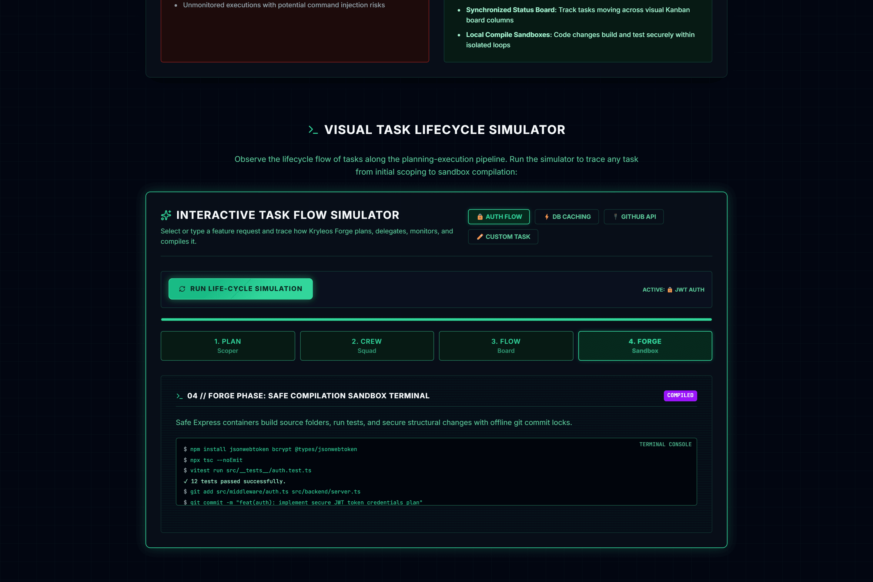 Kryleos Forge running the PLAN, CREW, FLOW, FORGE task lifecycle with a live execution terminal